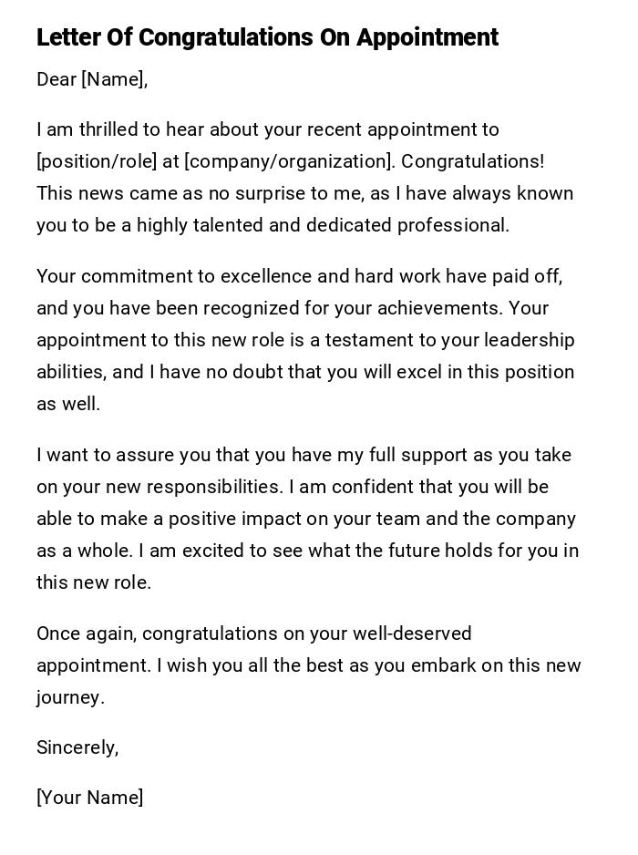 Letter Of Congratulations On Appointment Letter Of Congratulations On Appointment