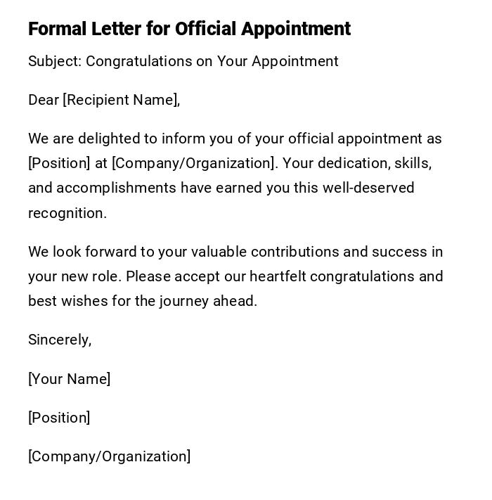 Formal Letter for Official Appointment Formal Letter for Official Appointment