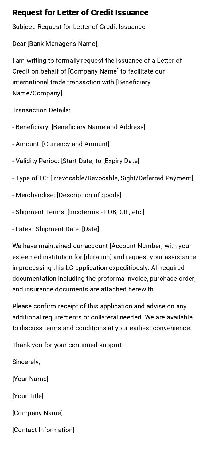 Request for Letter of Credit Issuance Request for Letter of Credit Issuance
