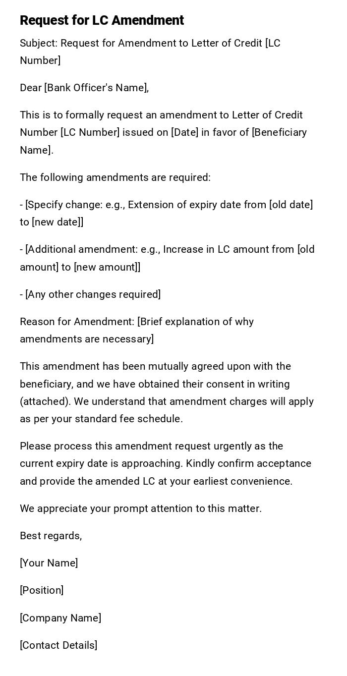Request for LC Amendment Request for LC Amendment