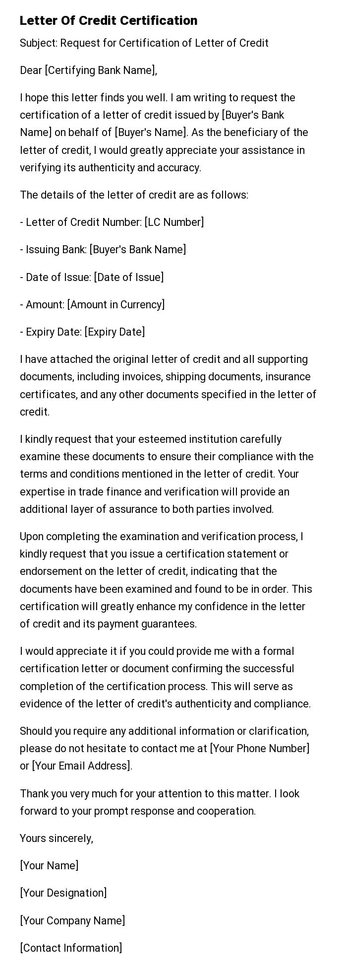 Letter Of Credit Certification