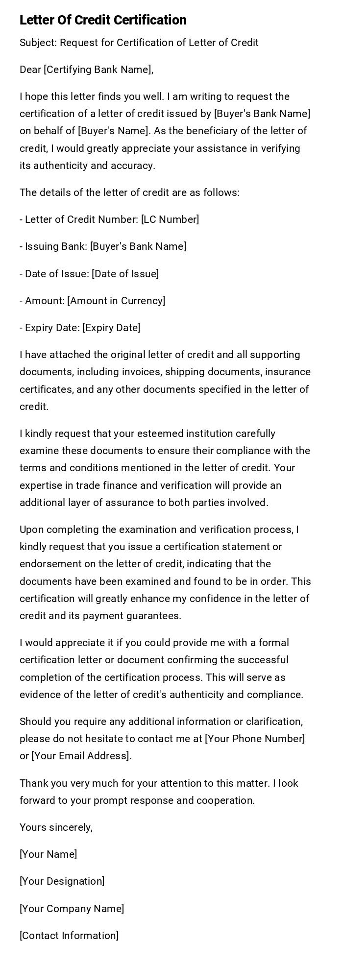 Letter Of Credit Certification