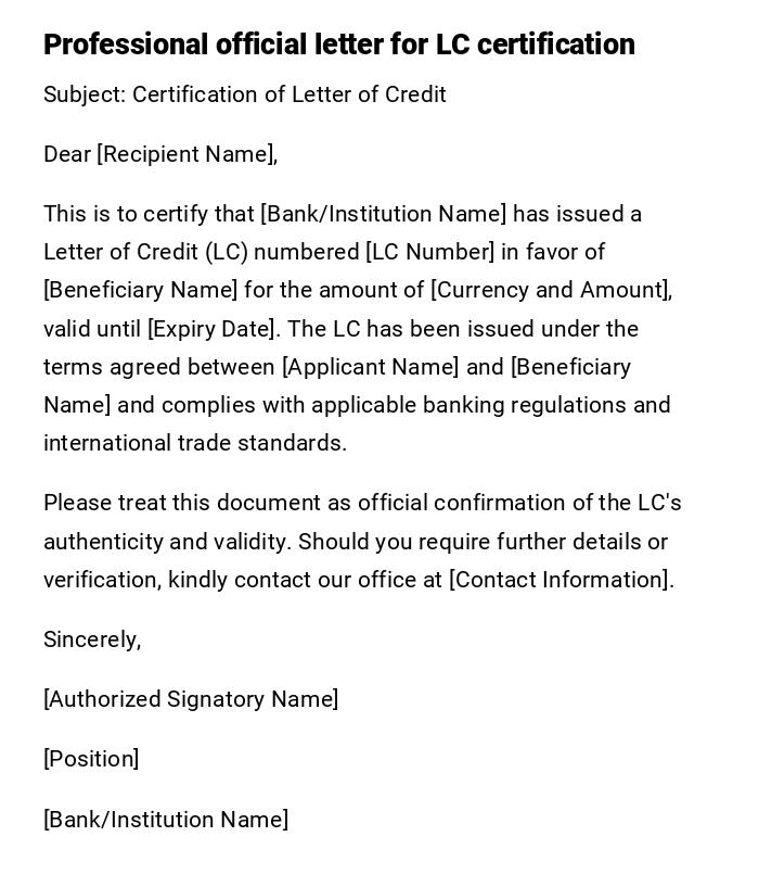 Professional official letter for LC certification Professional official letter for LC certification