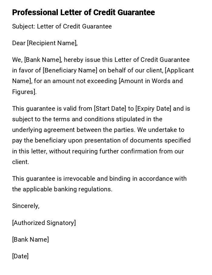 Professional Letter of Credit Guarantee Professional Letter of Credit Guarantee