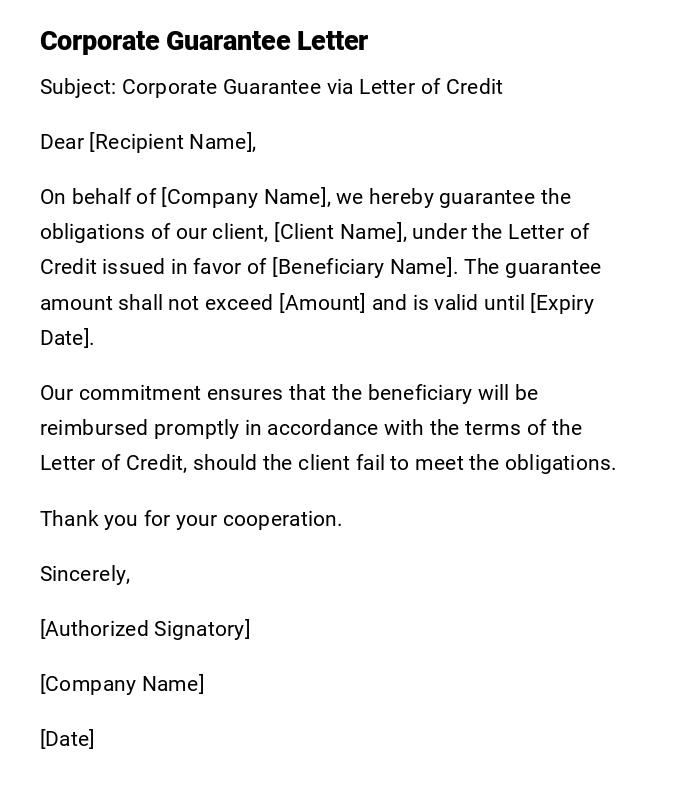 Corporate Guarantee Letter Corporate Guarantee Letter