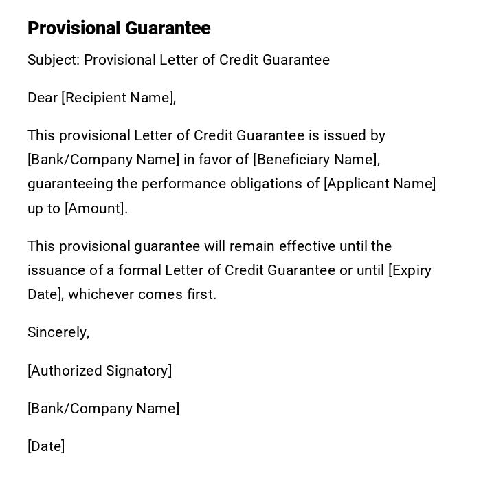 Provisional Guarantee Provisional Guarantee