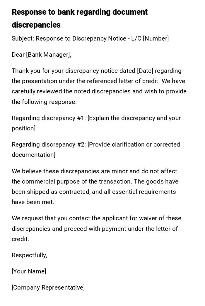 Response to bank regarding document discrepancies Response to bank regarding document discrepancies