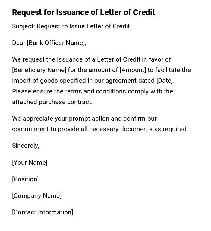 Request for Issuance of Letter of Credit Request for Issuance of Letter of Credit