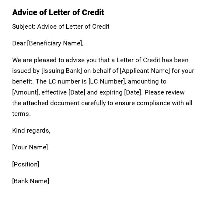 Advice of Letter of Credit Advice of Letter of Credit