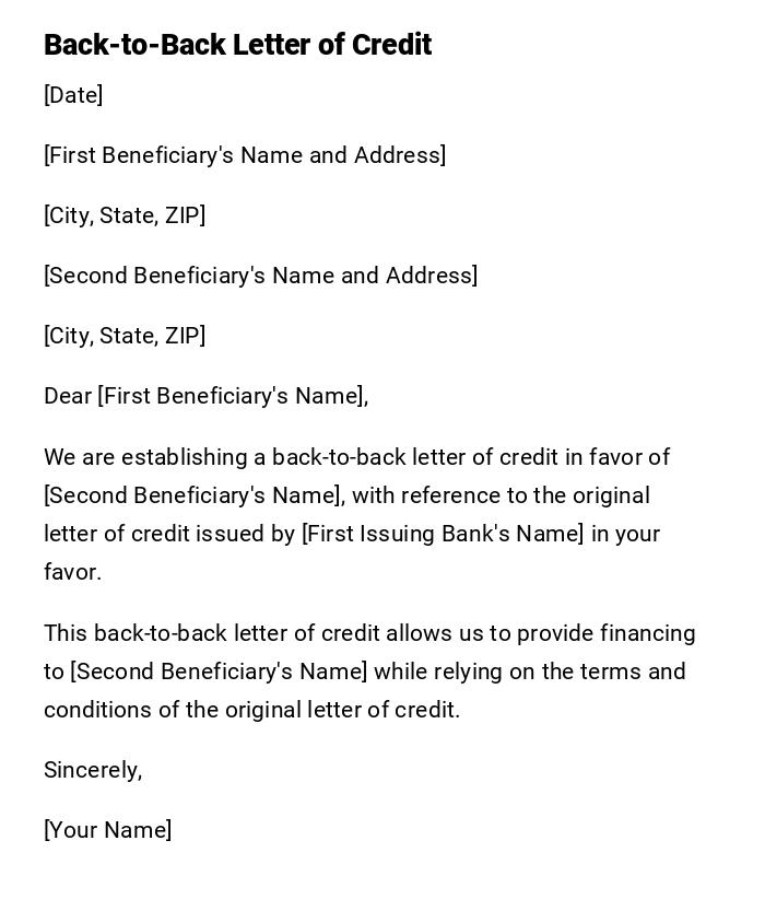 Back-to-Back Letter of Credit