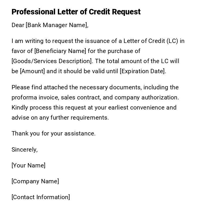 Professional Letter of Credit Request Professional Letter of Credit Request