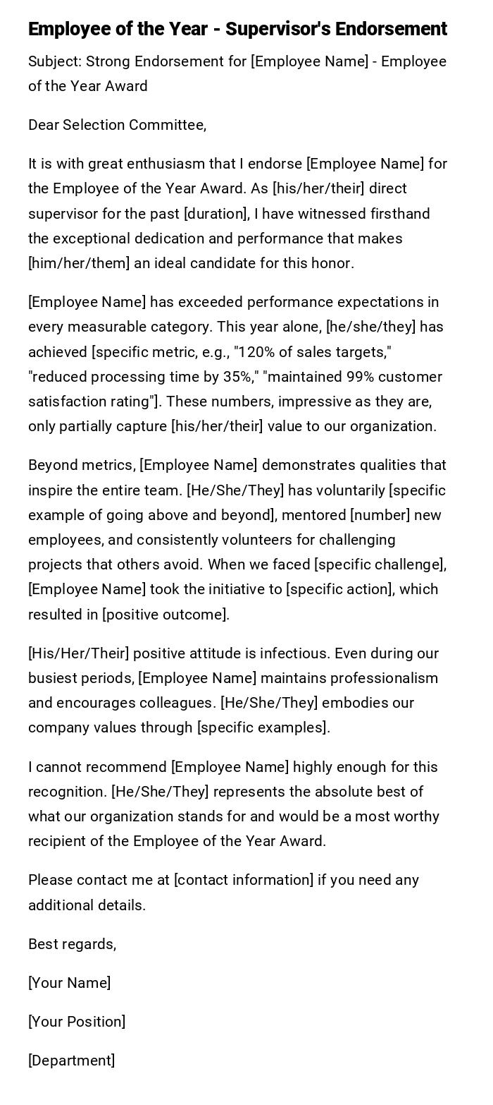 Employee of the Year - Supervisor's Endorsement Employee of the Year - Supervisor's Endorsement