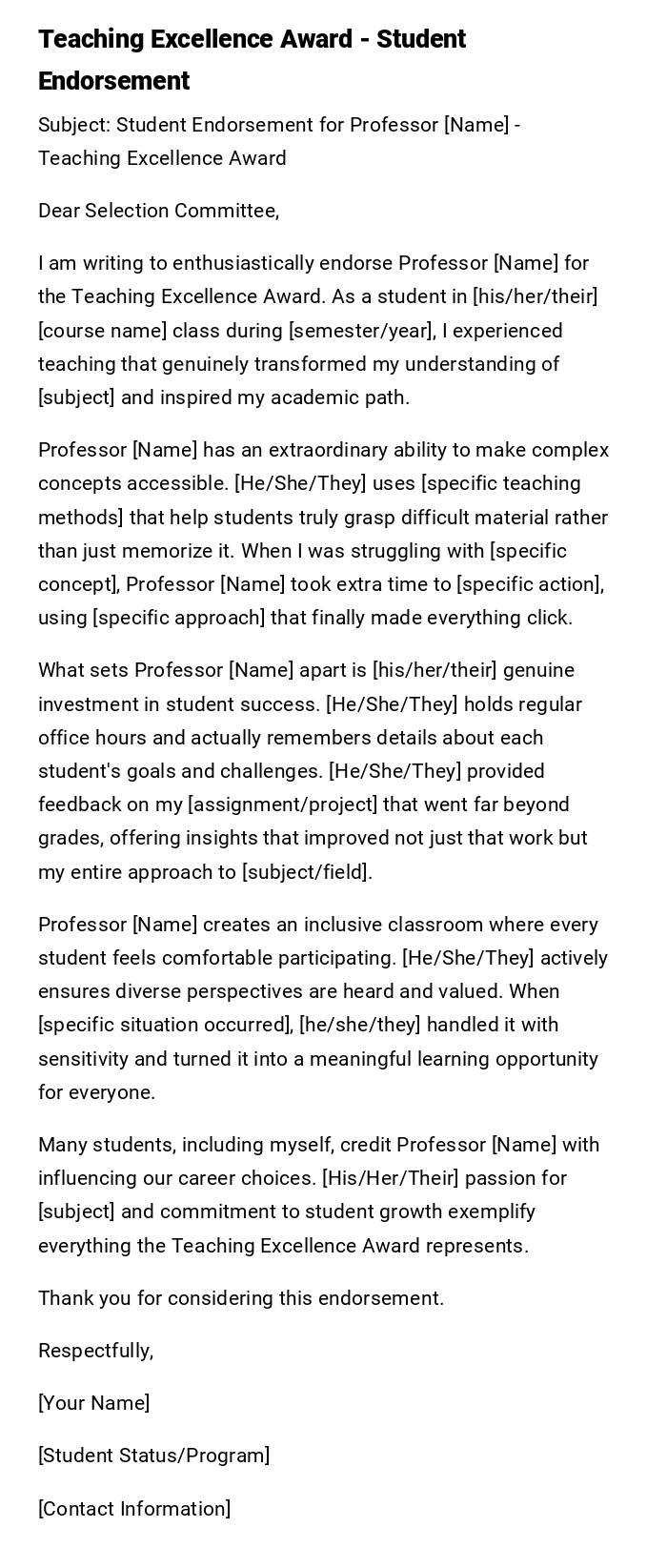 Teaching Excellence Award - Student Endorsement Teaching Excellence Award - Student Endorsement