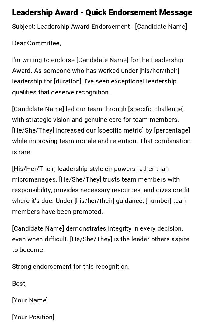 Leadership Award - Quick Endorsement Message Leadership Award - Quick Endorsement Message