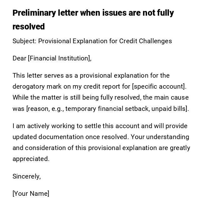Preliminary letter when issues are not fully resolved Preliminary letter when issues are not fully resolved
