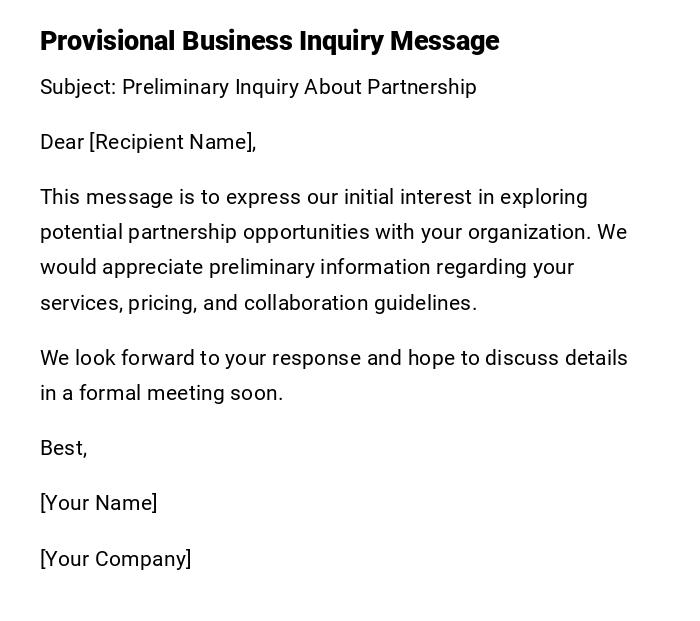 Provisional Business Inquiry Message
