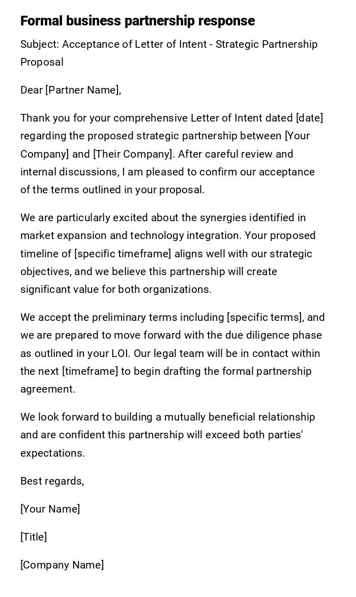 Formal business partnership response Formal business partnership response
