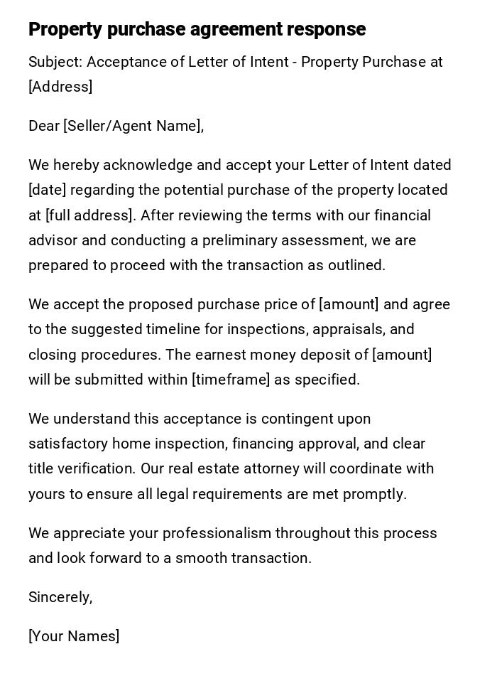 Property purchase agreement response Property purchase agreement response