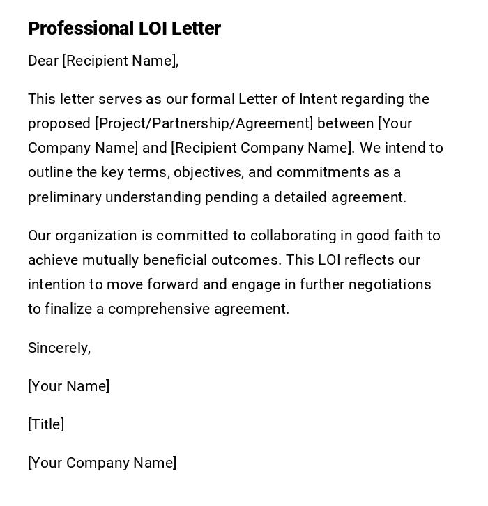 Professional LOI Letter Professional LOI Letter
