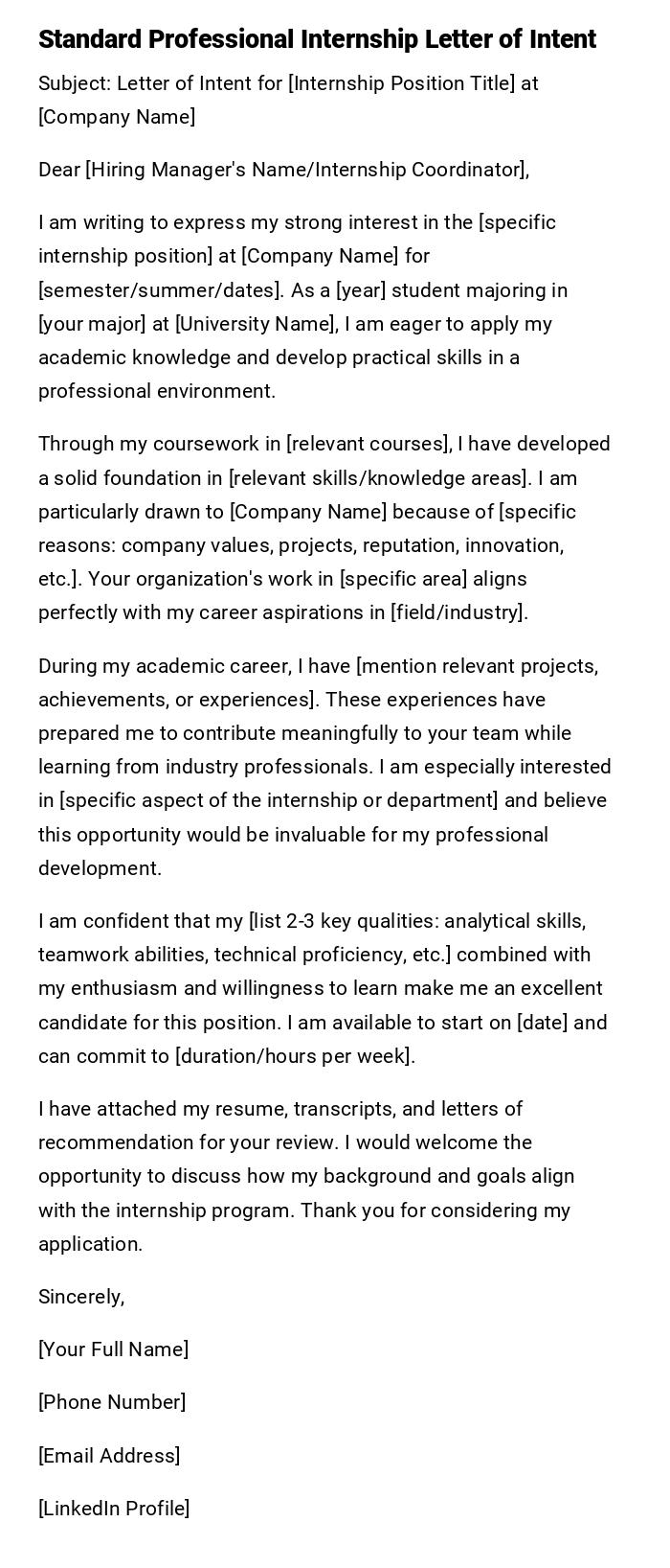 Standard Professional Internship Letter of Intent Standard Professional Internship Letter of Intent