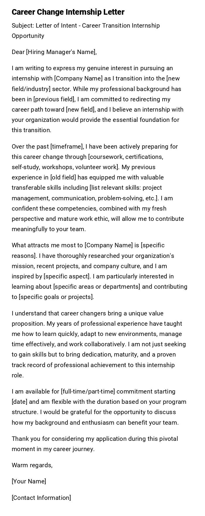 Career Change Internship Letter Career Change Internship Letter