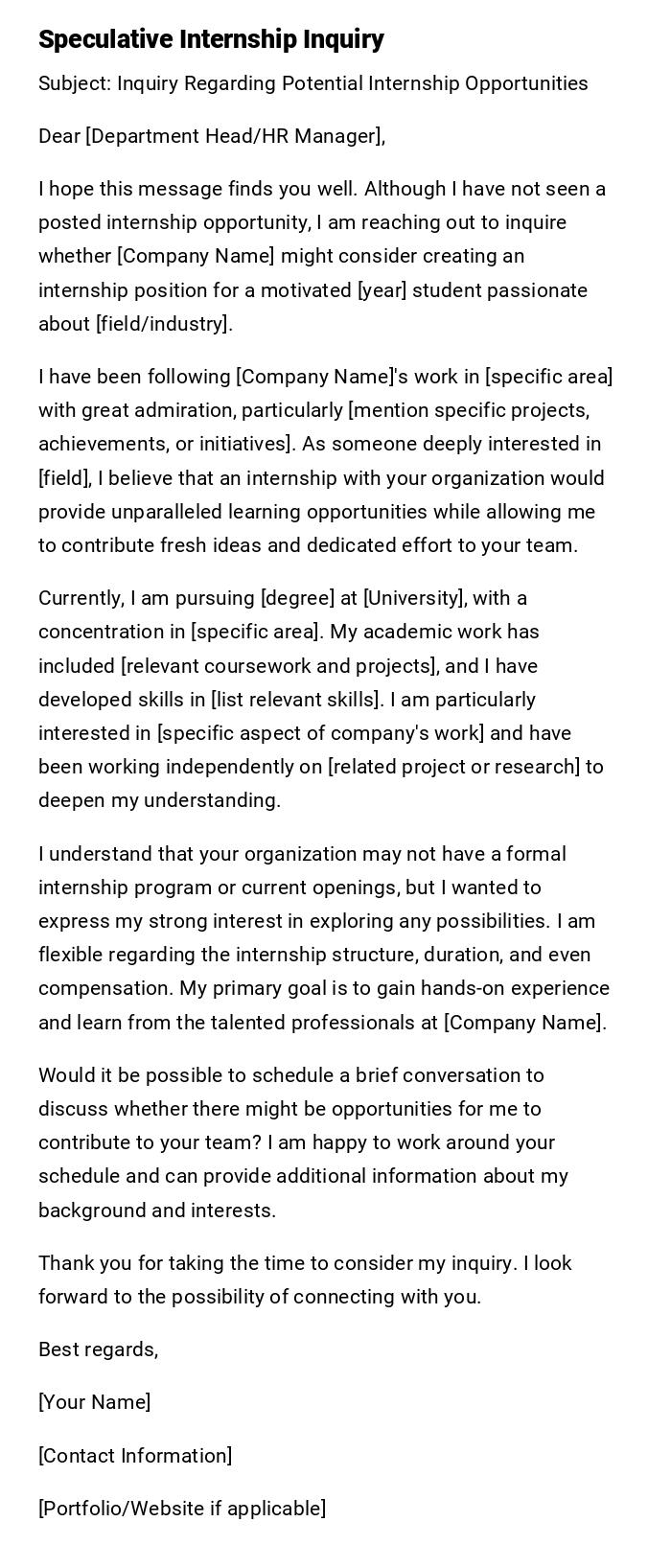 Speculative Internship Inquiry Speculative Internship Inquiry