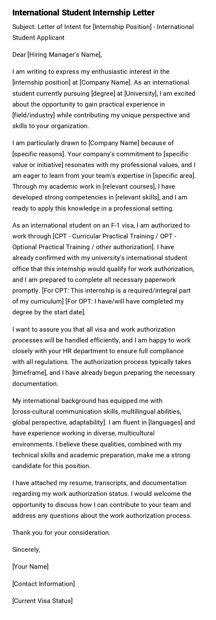 International Student Internship Letter International Student Internship Letter