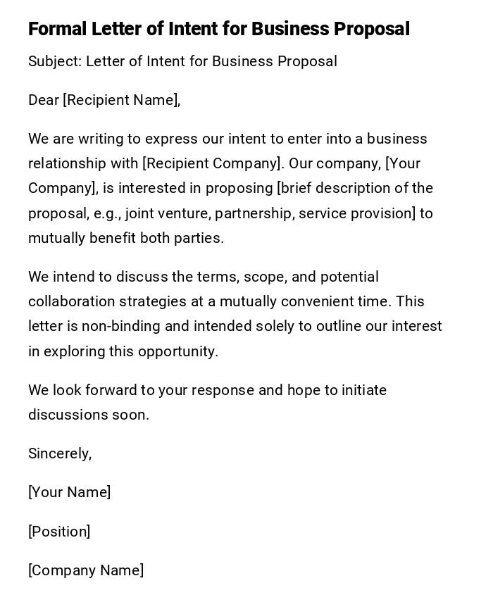 Formal Letter of Intent for Business Proposal Formal Letter of Intent for Business Proposal