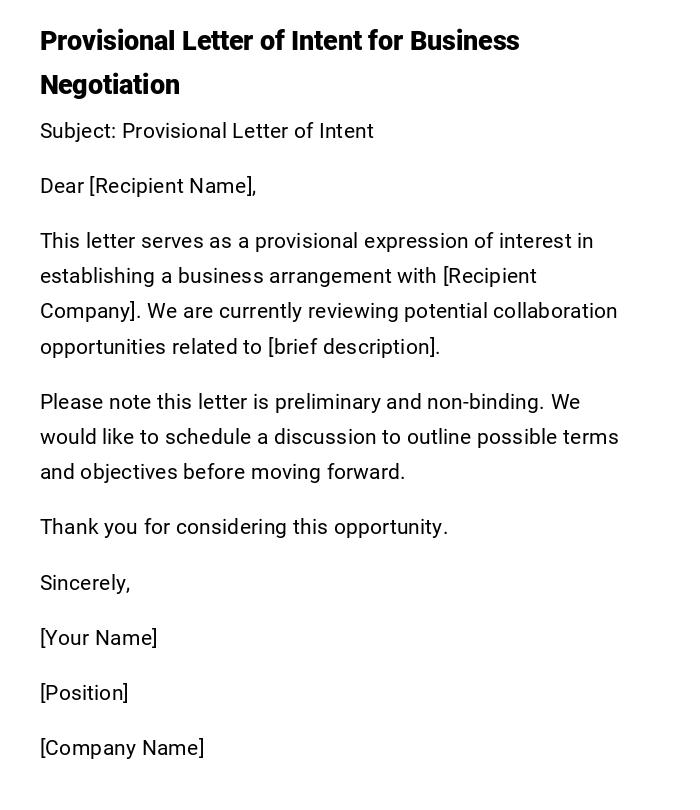 Provisional Letter of Intent for Business Negotiation Provisional Letter of Intent for Business Negotiation
