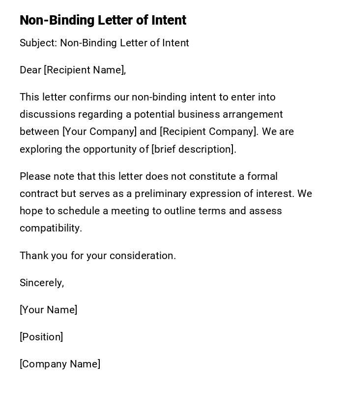 Non-Binding Letter of Intent Non-Binding Letter of Intent