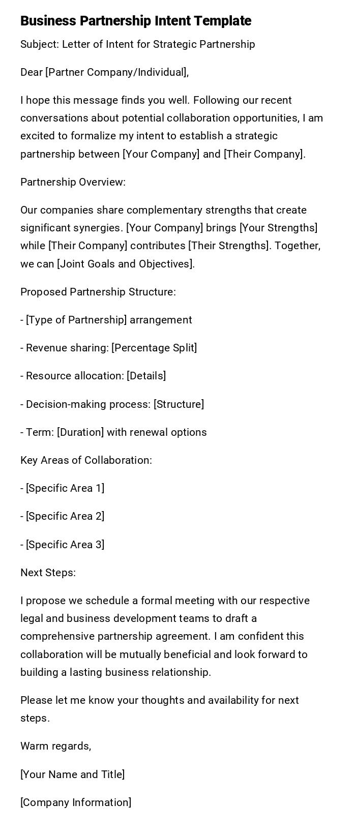 Business Partnership Intent Template
