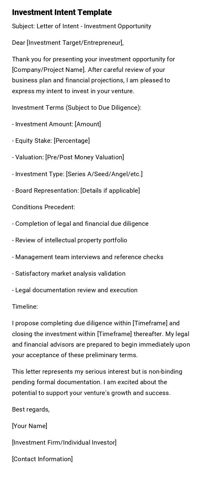 Investment Intent Template
