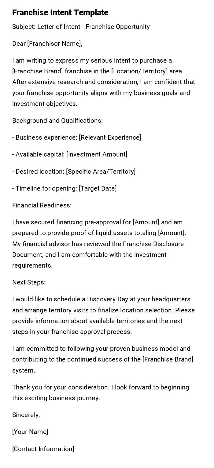 Franchise Intent Template