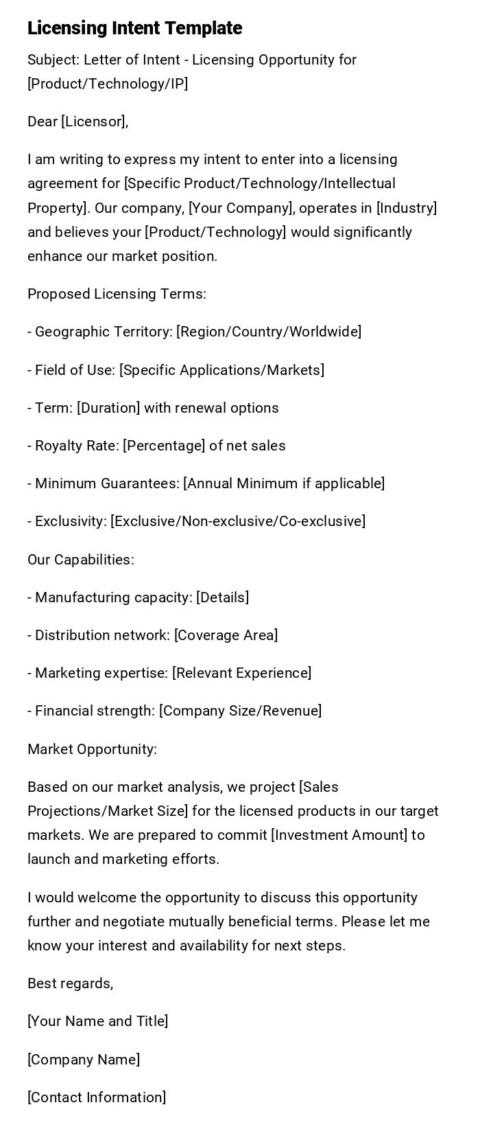 Licensing Intent Template