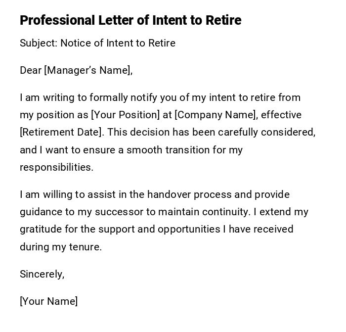 Professional Letter of Intent to Retire Professional Letter of Intent to Retire