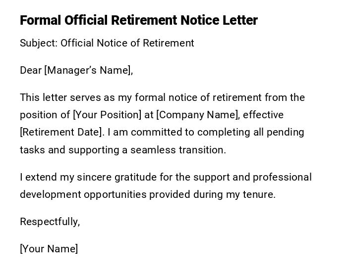 Formal Official Retirement Notice Letter Formal Official Retirement Notice Letter