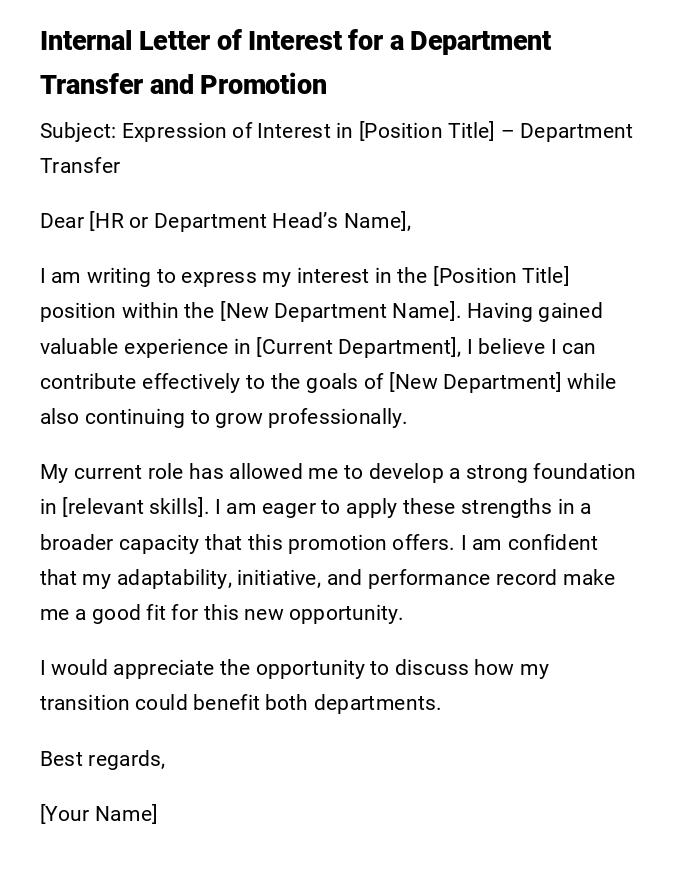 Internal Letter of Interest for a Department Transfer and Promotion Internal Letter of Interest for a Department Transfer and Promotion