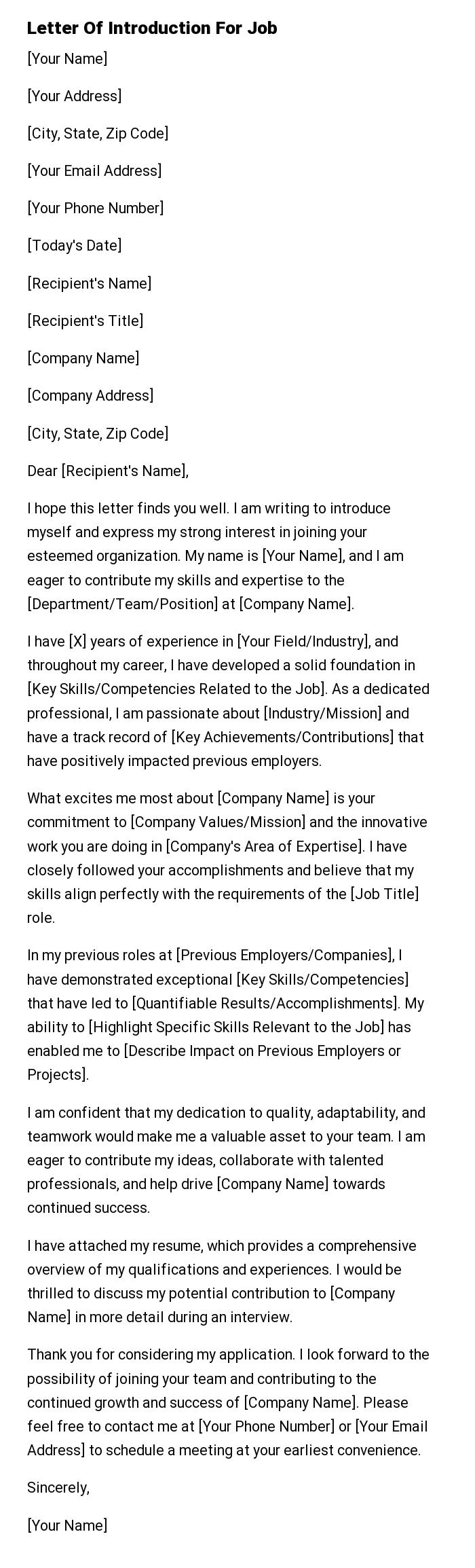 Letter Of Introduction For Job