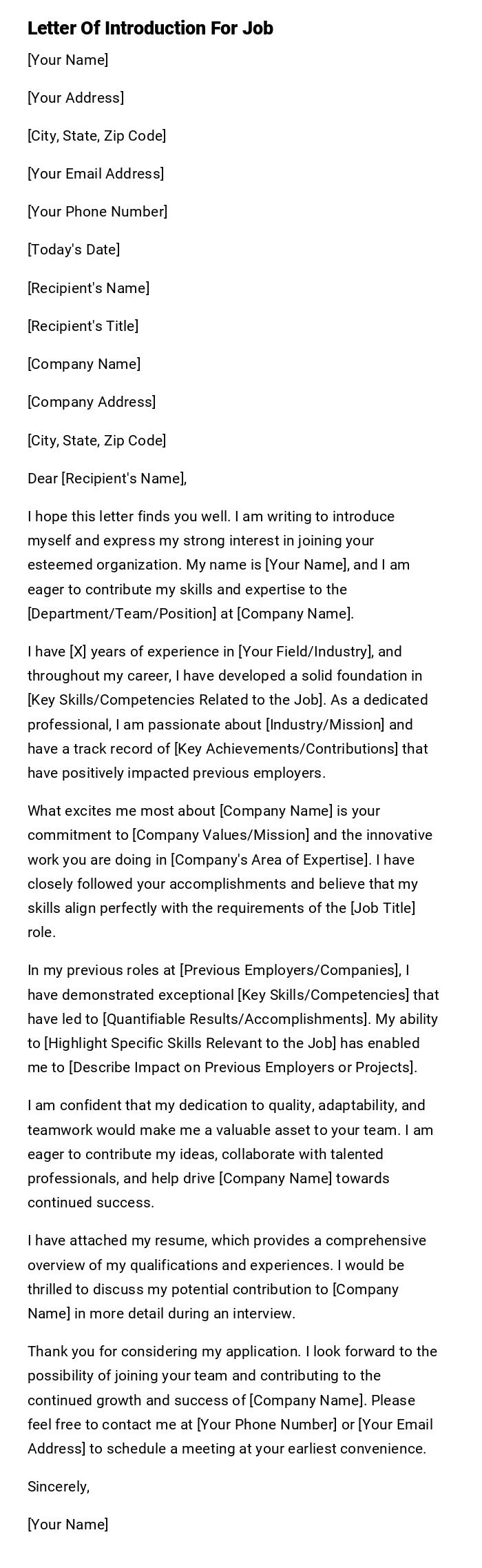 Letter Of Introduction For Job