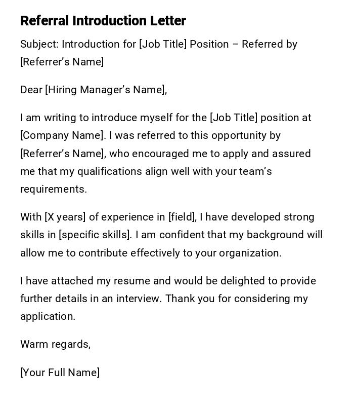 Referral Introduction Letter Referral Introduction Letter