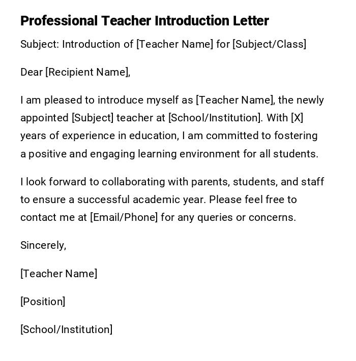 Professional Teacher Introduction Letter Professional Teacher Introduction Letter