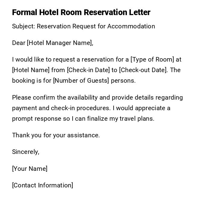 Formal Hotel Room Reservation Letter