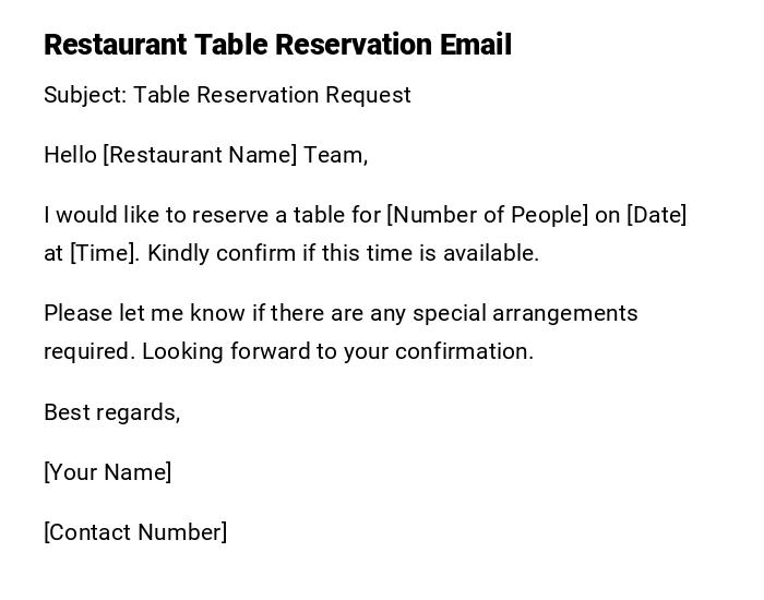 Restaurant Table Reservation Email