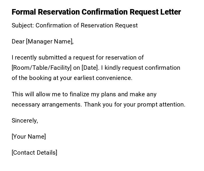 Formal Reservation Confirmation Request Letter