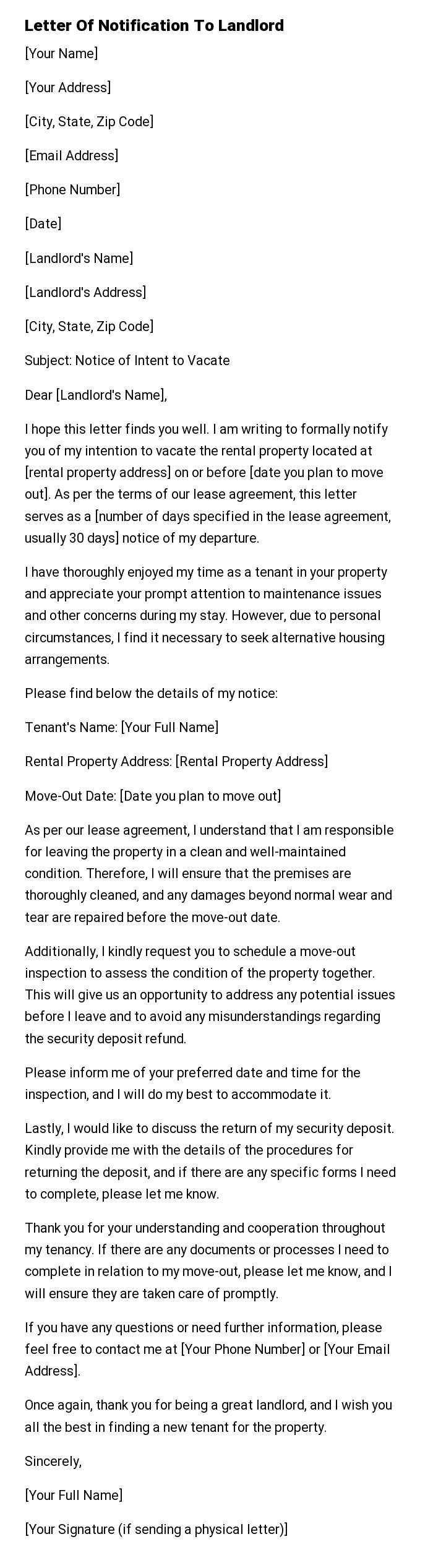 Letter Of Notification To Landlord