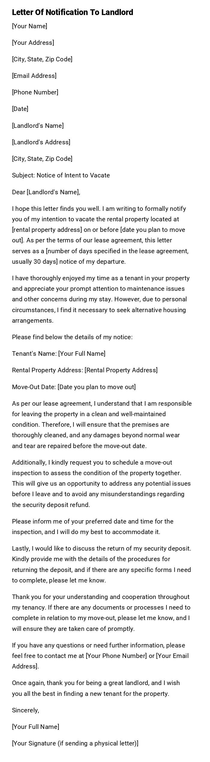 Letter Of Notification To Landlord