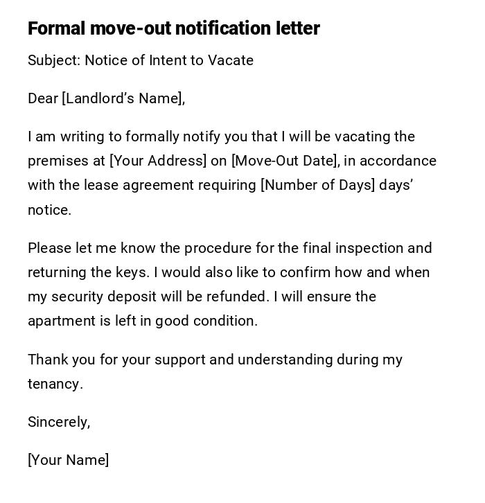 Formal move-out notification letter Formal move-out notification letter