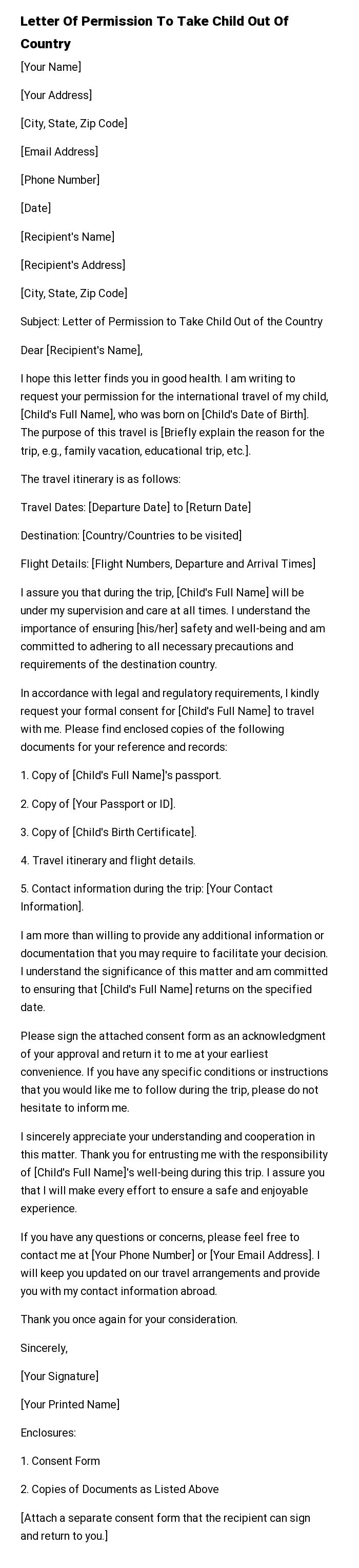 Letter Of Permission To Take Child Out Of Country