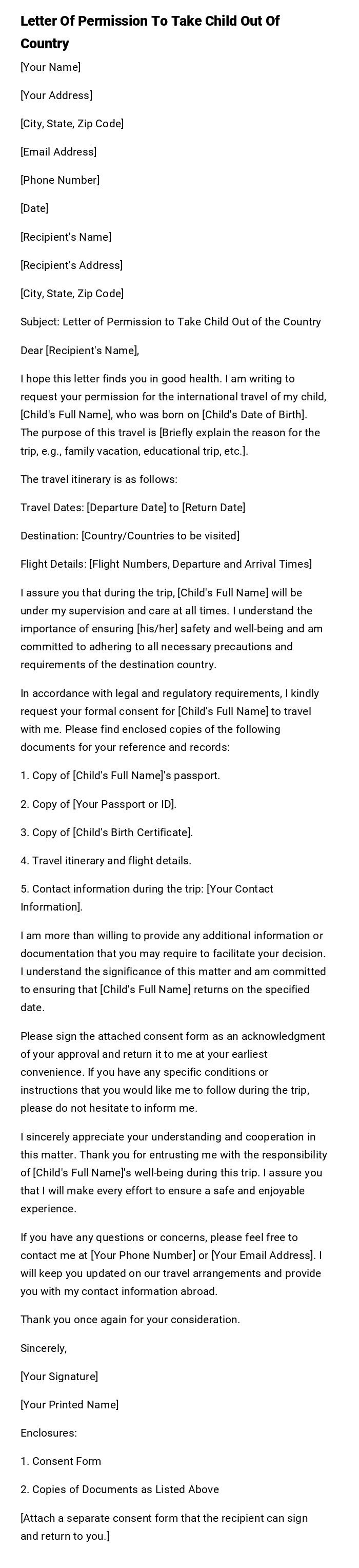 Letter Of Permission To Take Child Out Of Country