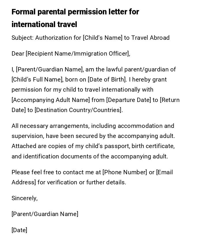 Formal parental permission letter for international travel Formal parental permission letter for international travel